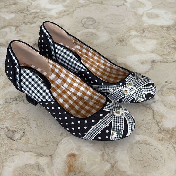 NWOT RUBY SHOO Paula - Black White Floral/Polka Dot/Gingham Heels Adorable - Picture 2 of 13